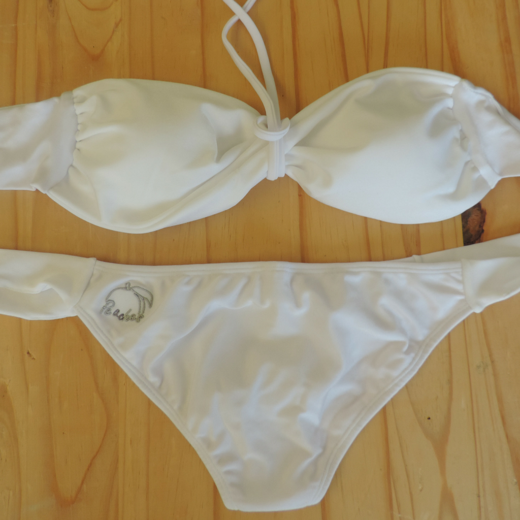 White - Bandeau Style Bikini: solid white boobtube bikini top and classic tie bottom. Handmade from nylon lyrca