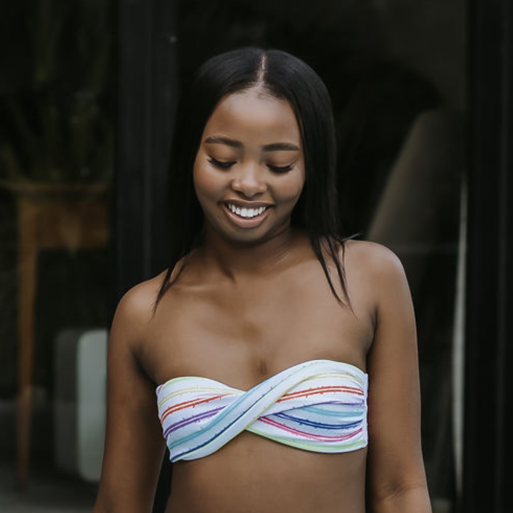 Bubbles - Bandeau Style Bikini: boobtube style top in white with colourful stripes pattern
