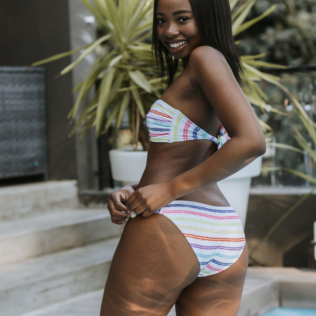 Bubbles - Bandeau Style Bikini: boobtube style top and classic tie bikini bottom in white with colourful stripes pattern