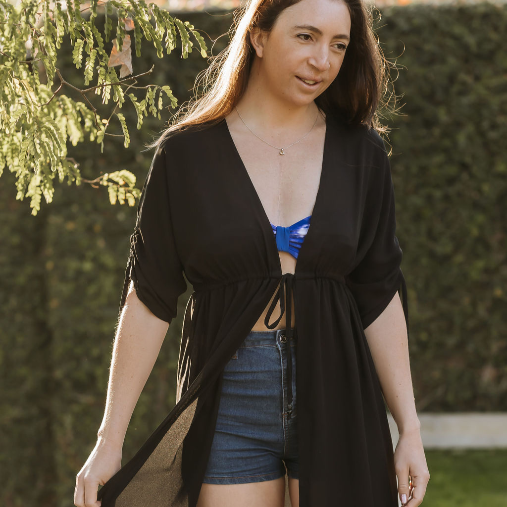 Long Kimono - Black: solid black chiffon, ankle length kimono cover up. String tie around the waist . Handmade from chiffon