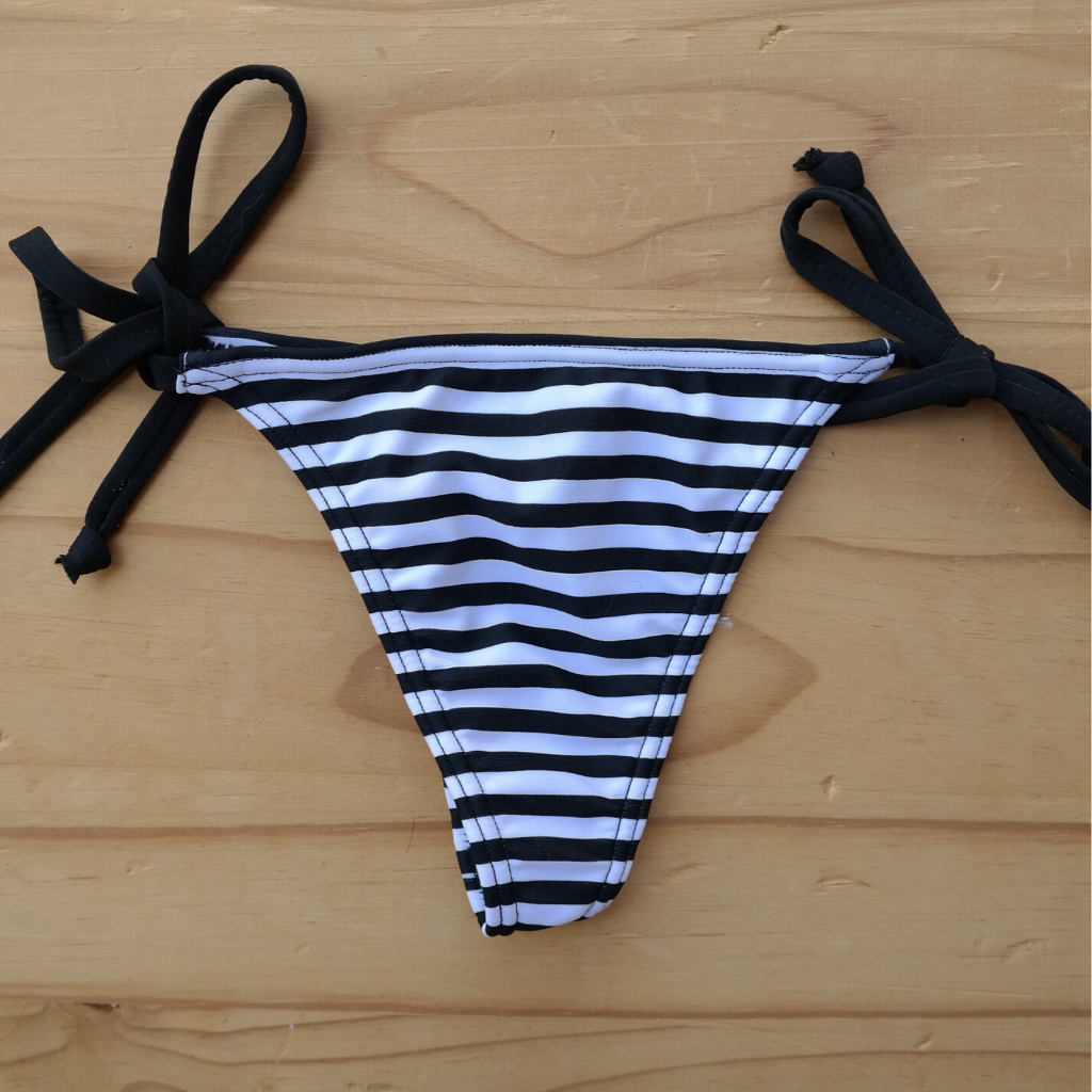 Black & White Stripes (black ties) - G-String Style Bikini Bottom
