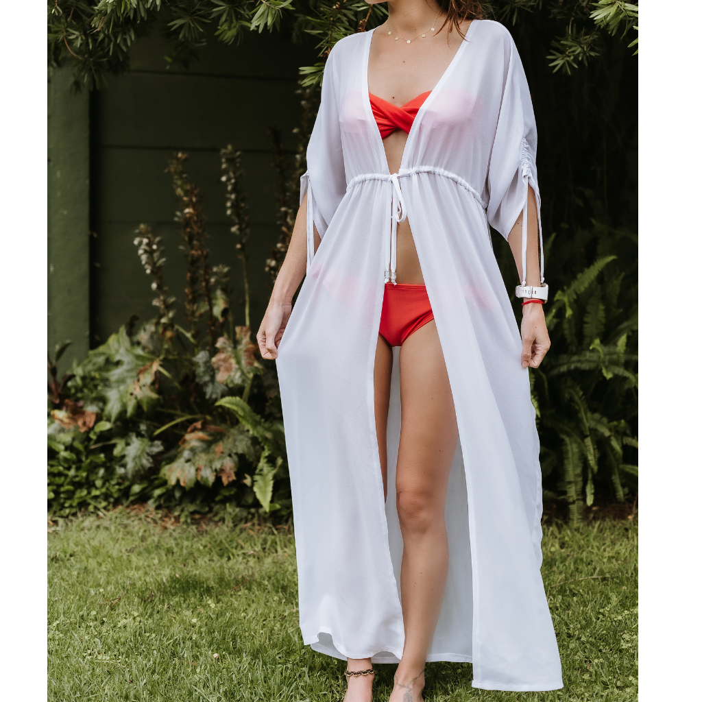 Long Kimono - White: solid white chiffon, ankle length kimono cover up. String tie around the waist . Handmade from chiffon