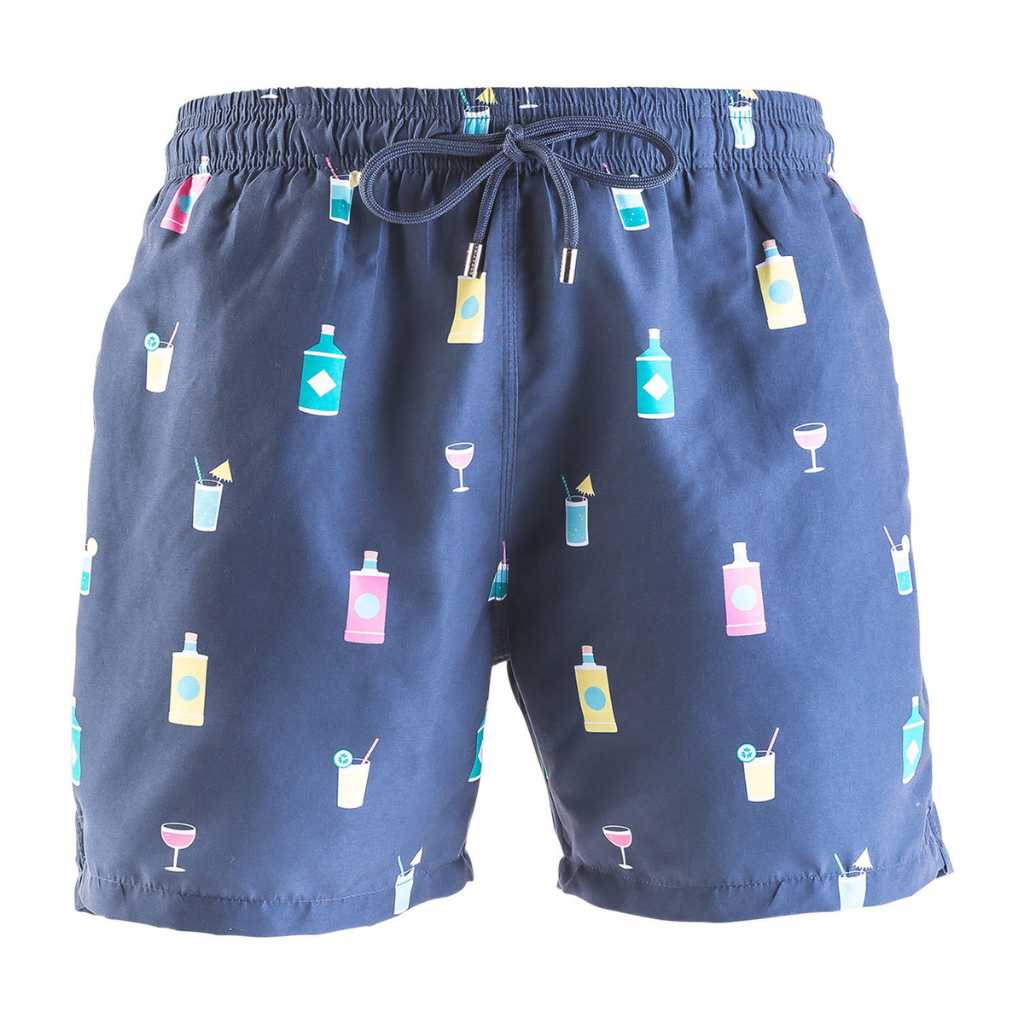 Breazies - Gin Party: men's swimming shorts. navy blue with colourful gin bottles and glasses. Quick drying, with a mid length cut. Elastic waistband, draw string with branded tips
