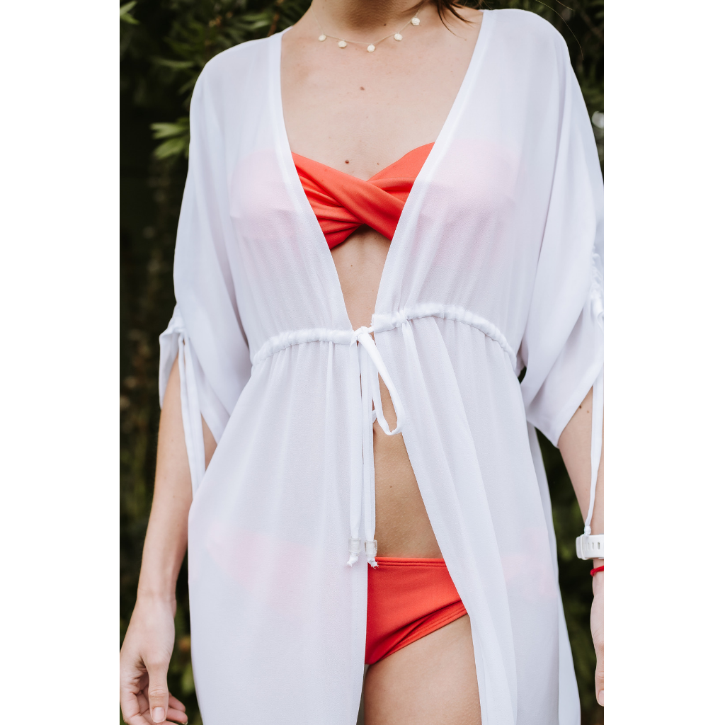 Long Kimono - White: solid white chiffon, ankle length kimono cover up. String tie around the waist . Handmade from chiffon