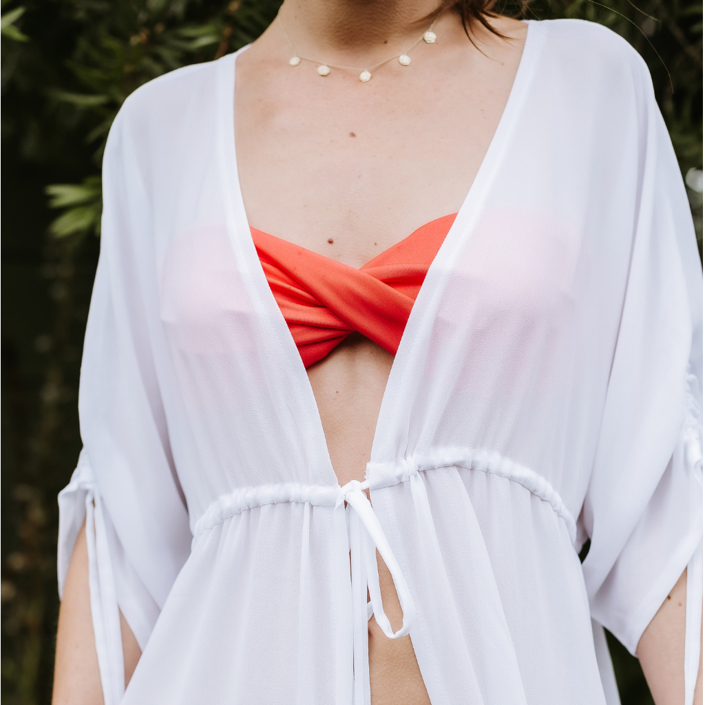 Long Kimono - White: solid white chiffon, ankle length kimono cover up. String tie around the waist . Handmade from chiffon