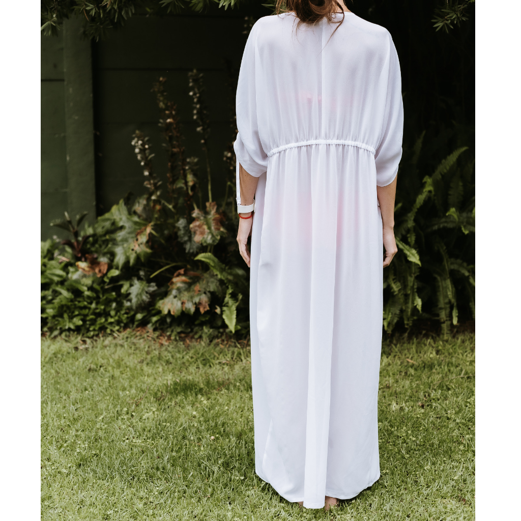 Long Kimono - White: solid white chiffon, ankle length kimono cover up. String tie around the waist . Handmade from chiffon