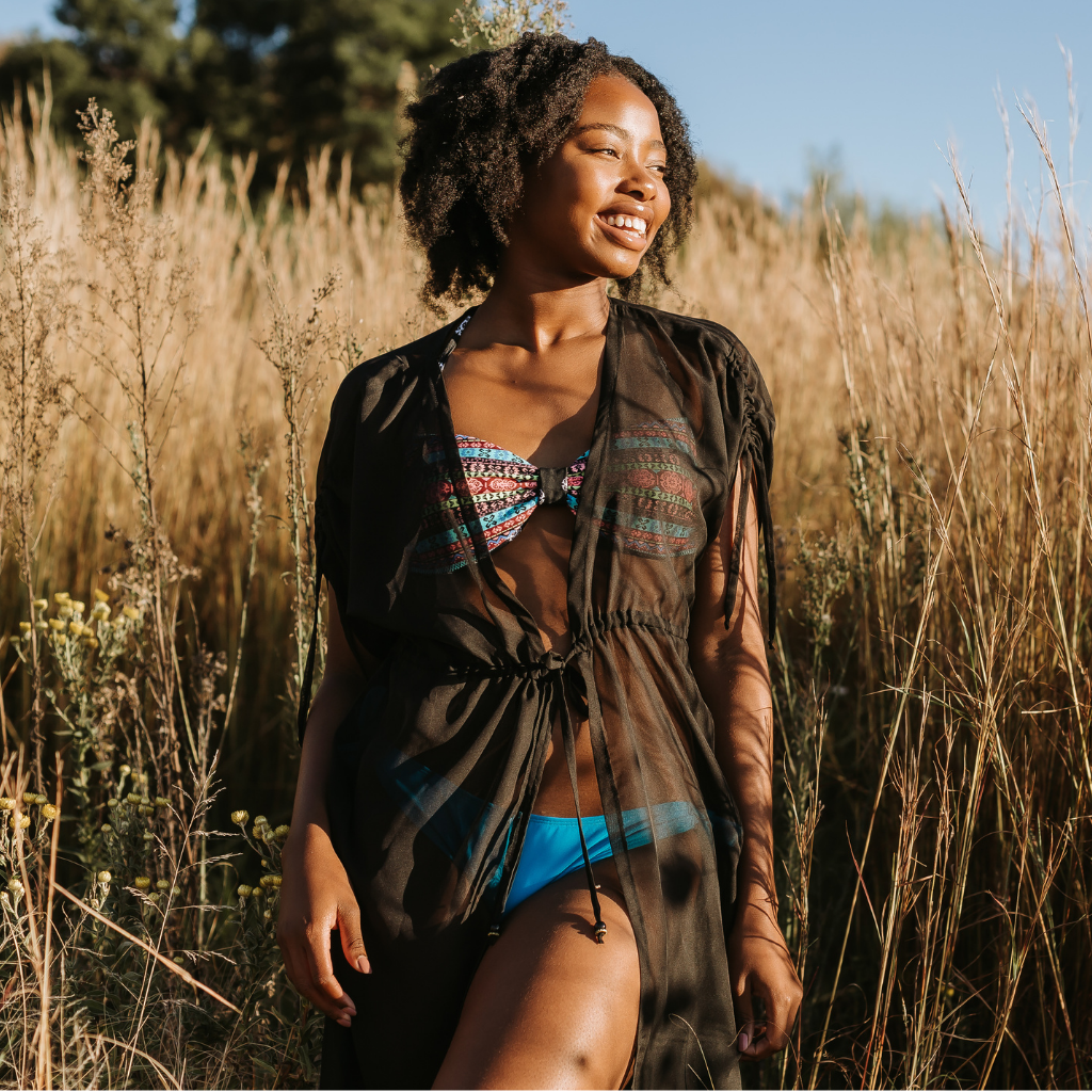 Short Tie Kimono - Black: solid black chiffon, knee length kimono cover up. String tie around the waist . Handmade from chiffon