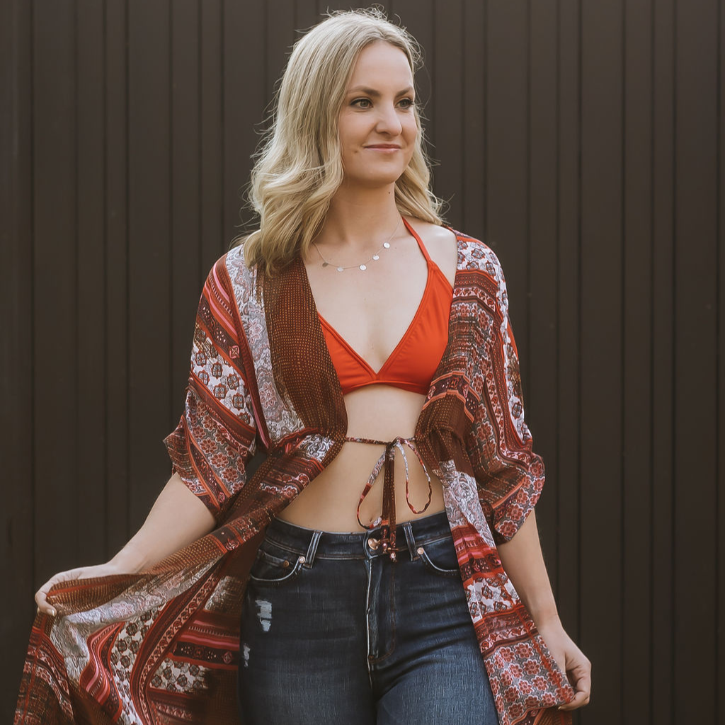 Long Kimono - Senorita: red and white paisley patterned chiffon, ankle length kimono cover up. String tie around the waist . Handmade from chiffon