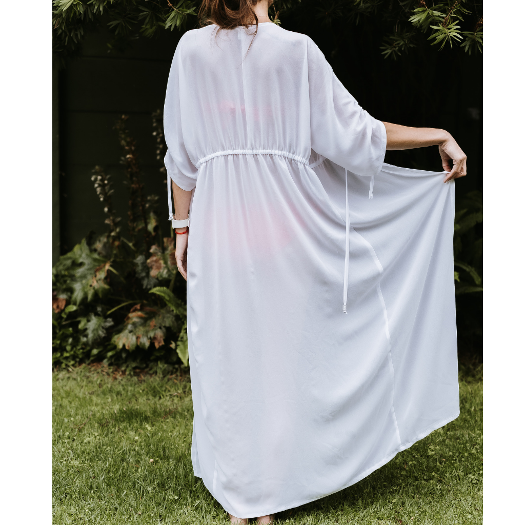 Long Kimono - White: solid white chiffon, ankle length kimono cover up. String tie around the waist . Handmade from chiffon