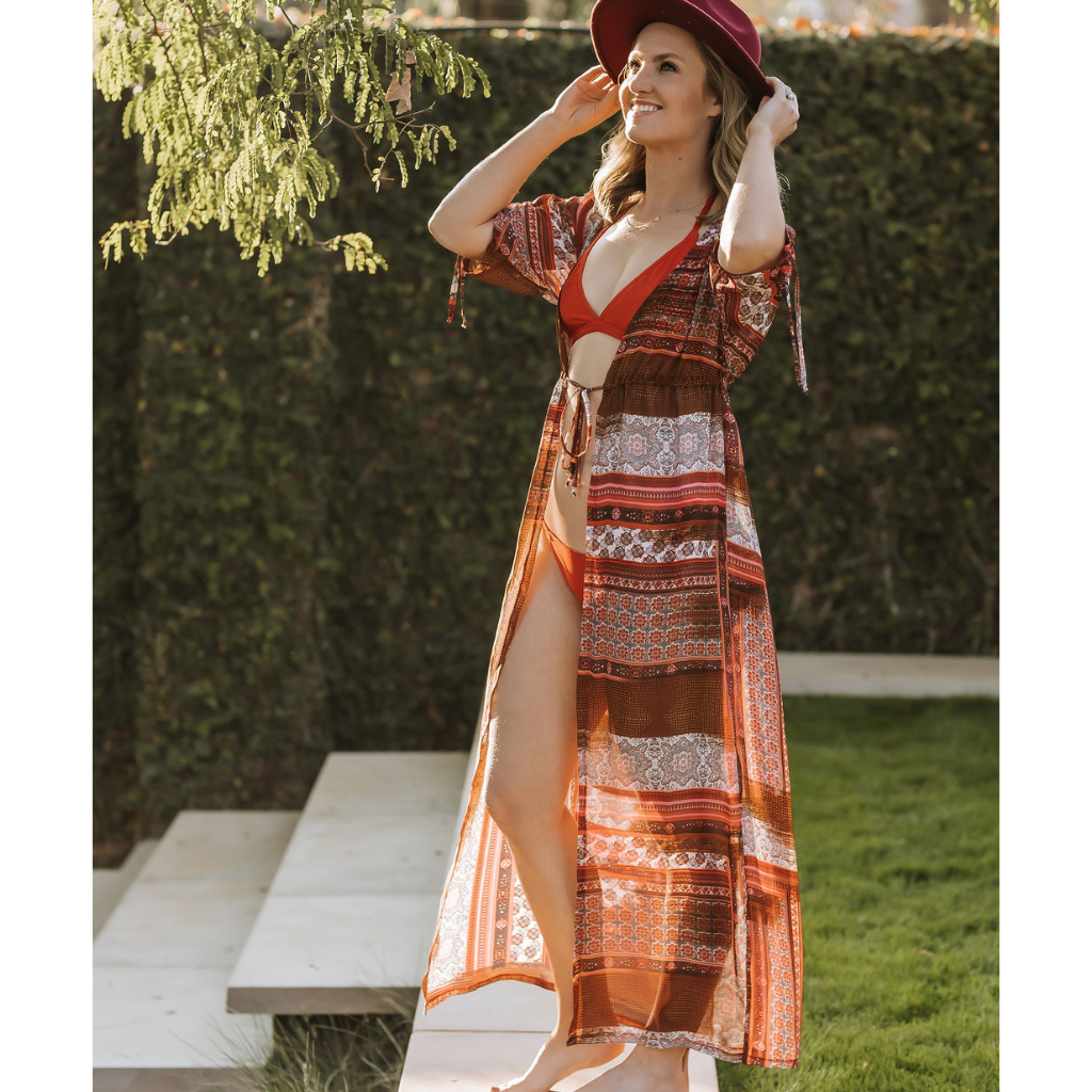 Long Kimono - Senorita: red and white paisley patterned chiffon, ankle length kimono cover up. String tie around the waist . Handmade from chiffon