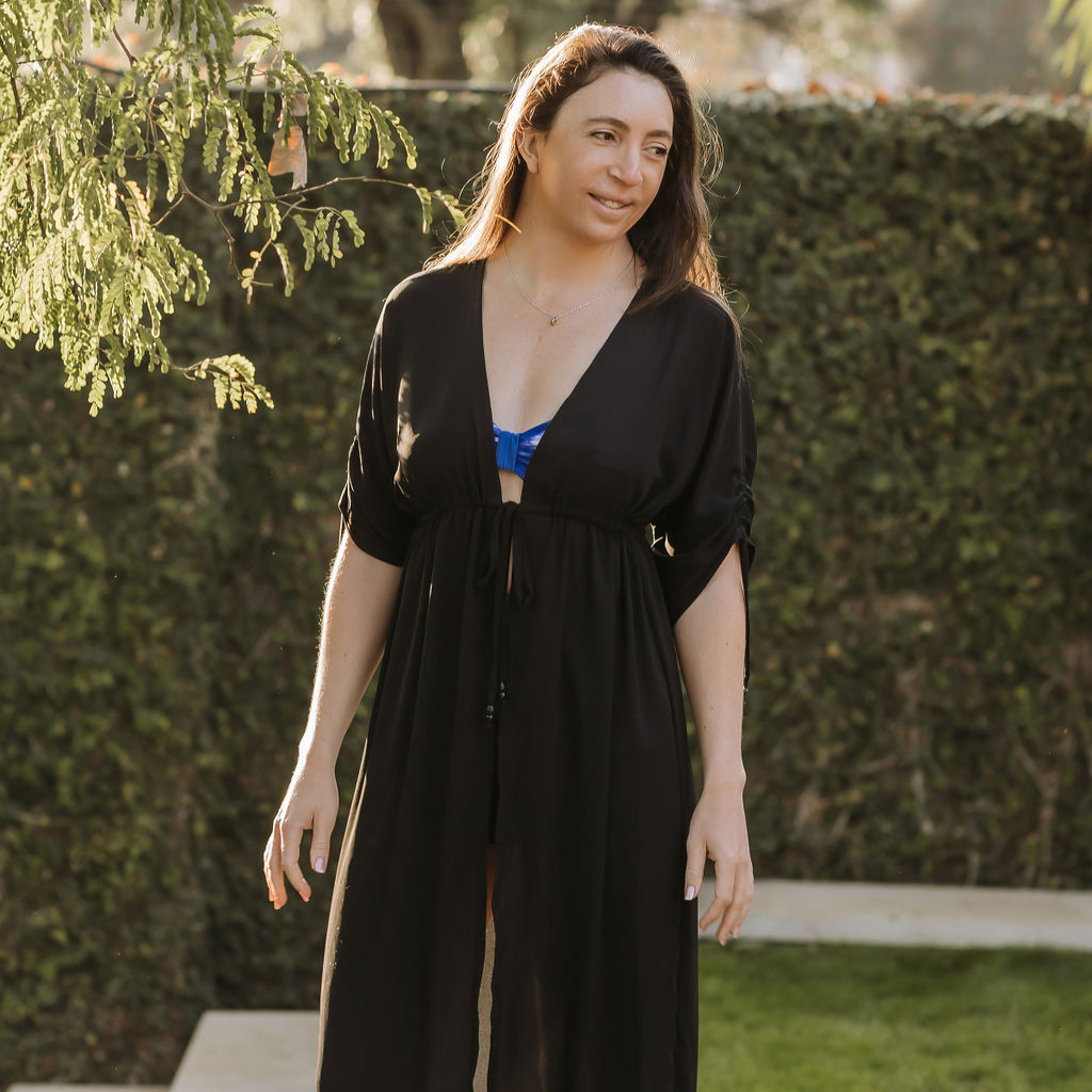 Long Kimono - Black: solid black chiffon, ankle length kimono cover up. String tie around the waist . Handmade from chiffon