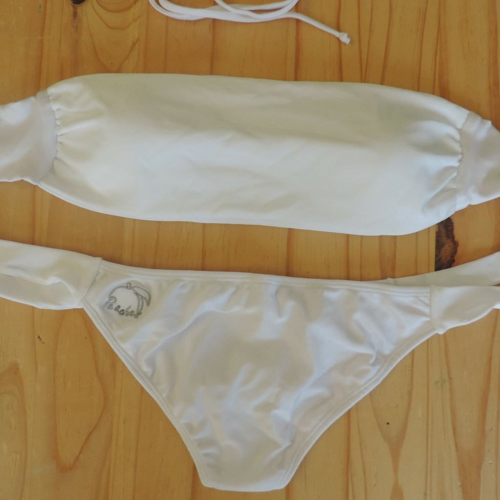 White - Bandeau Style Bikini: solid white boobtube bikini top and classic tie bottom. Handmade from nylon lyrca