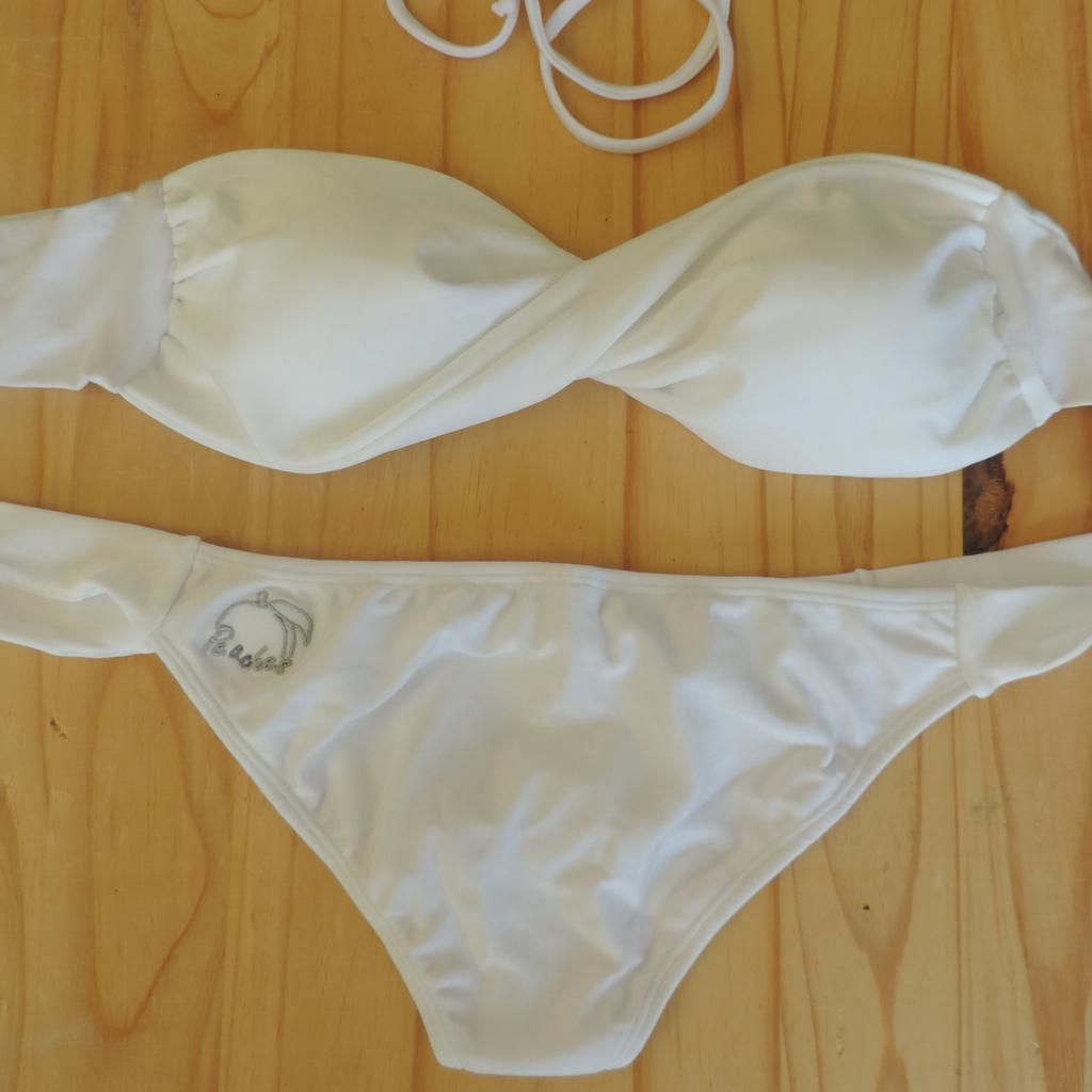 White - Bandeau Style Bikini: solid white boobtube bikini top and classic tie bottom. Handmade from nylon lyrca