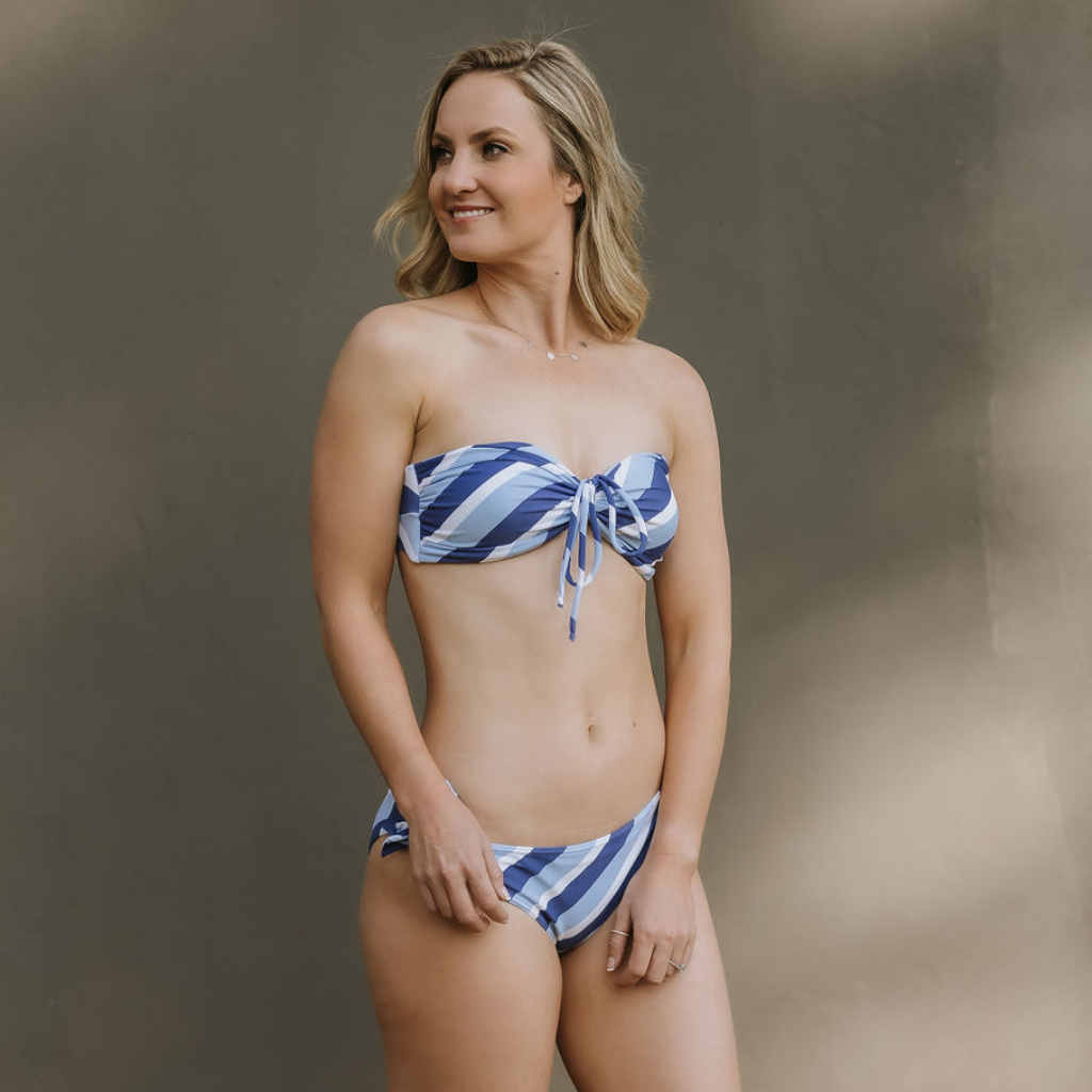 Seaside - Bandeau Style Bikini: royal blue, white and light blue diagonal stripes pattern boobtube bikini top and classic tie bottom. Handmade from nylon lyrca