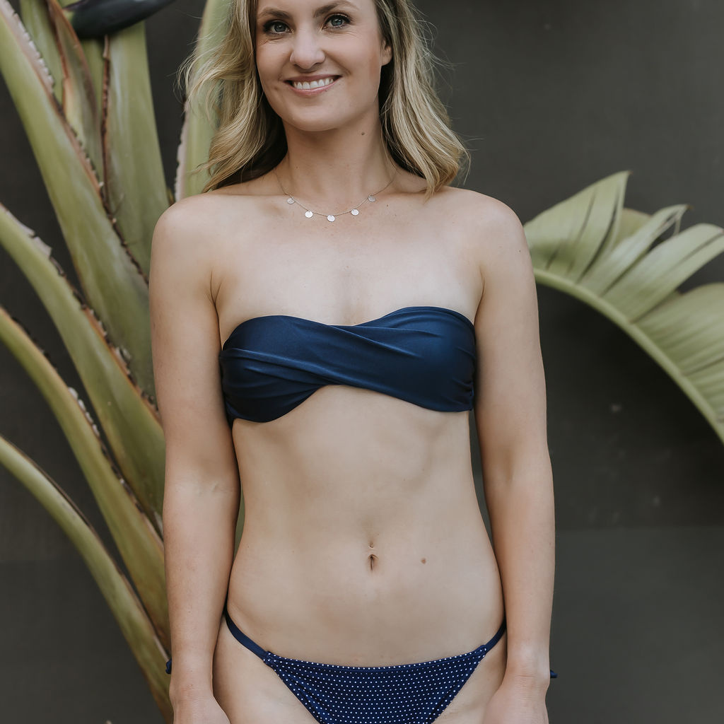Navy & Dots - Bandeau Style Top & G-String Style Bikini:  navy colur boobtube style top and navy and white dots g-string bikini bottom. Handmade from nylon lyrca