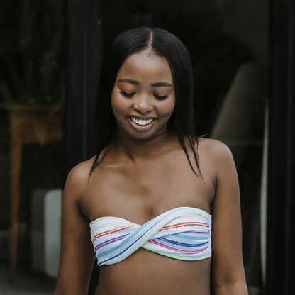 Bubbles - Bandeau Style Bikini:  boobtube style top in white with colourful stripes pattern
