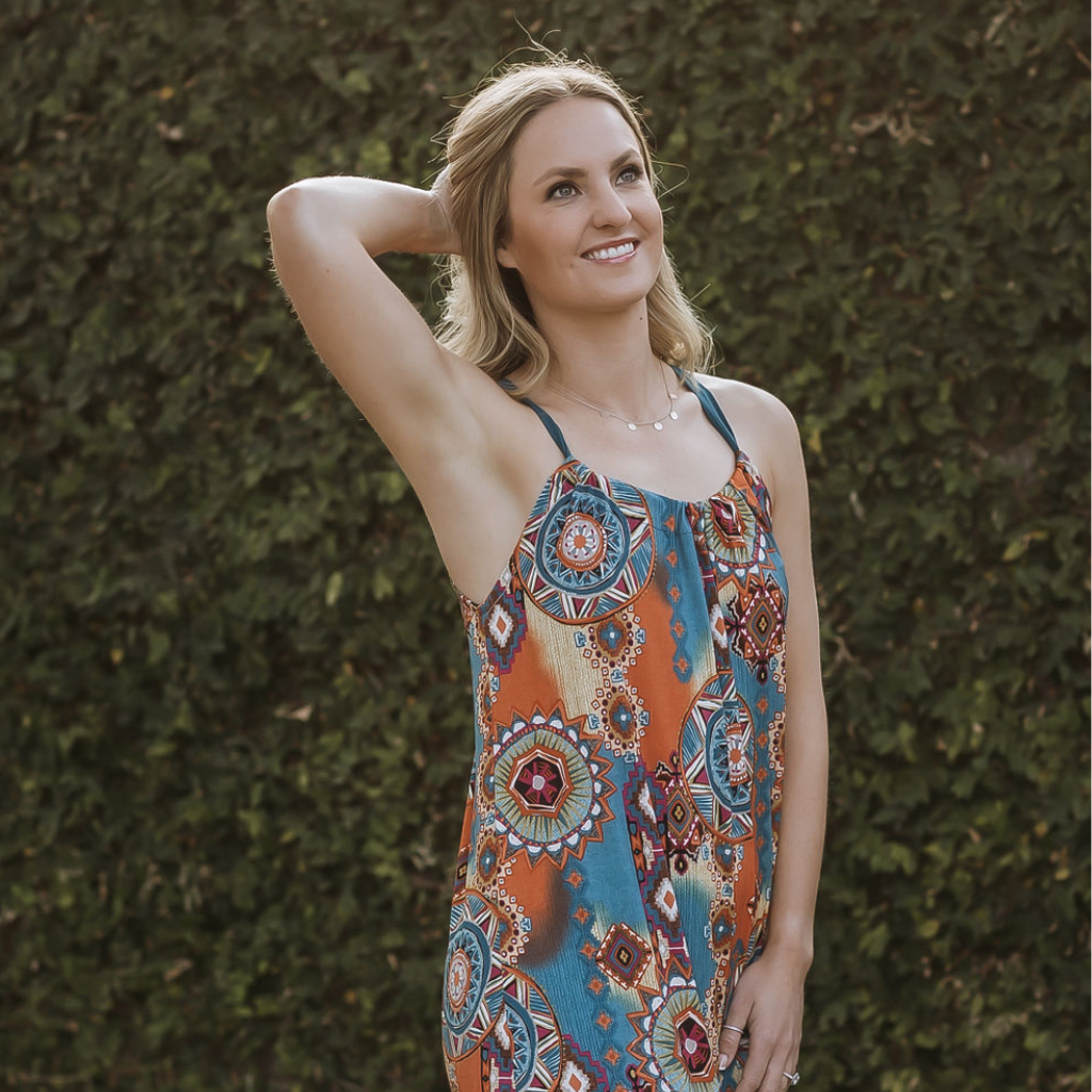 Rosie Dress - Dream Catcher: blue, orange and cream geometric patterned print, ankle length dress. String tie around the neck . Handmade from no crease material