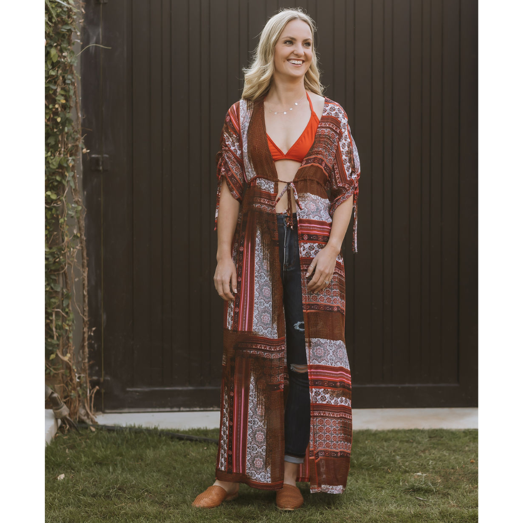 Long Kimono - Senorita: red and white paisley patterned chiffon, ankle length kimono cover up. String tie around the waist . Handmade from chiffon